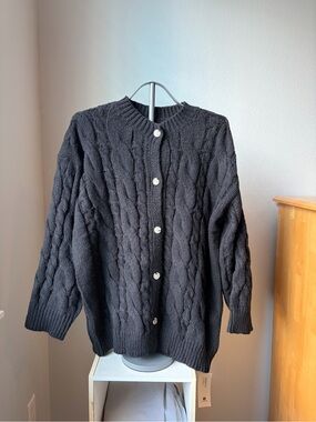 Women's Black Cable Knit Button-Up Cardigan Sweater